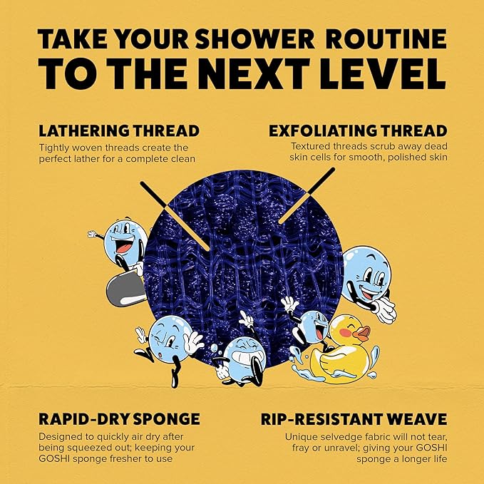 GOSHI Exfoliating Shower Sponge - Rip-Resistant, Rapid-Drying Exfoliating Bath Sponge for All Skin Types - Indigo Blue - Made in Japan