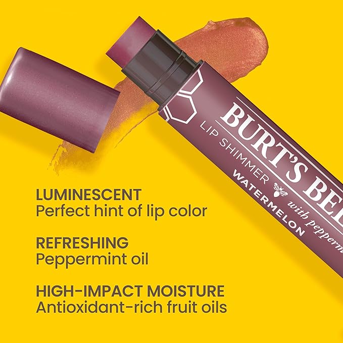Burt's Bees Shimmer Lip Tint Easter Basket Stuffers, Tinted Lip Balm Stick, Moisturizing for All Day Hydration with Natural Origin Glowy Pigmented Finish & Buildable Color, Watermelon (4-Pack)