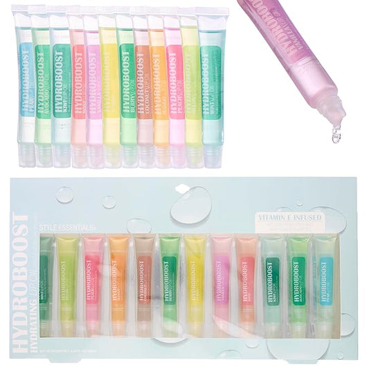 Expressions 12pc Lip Oil Set - Flavored Lip Oils Value Pack, Hydrating Lip Oils w/Squeeze Tube Application, Moisturizing Lip Oil Collection for Everyday Lip Care and Lip Repair (HYDROBOOST)