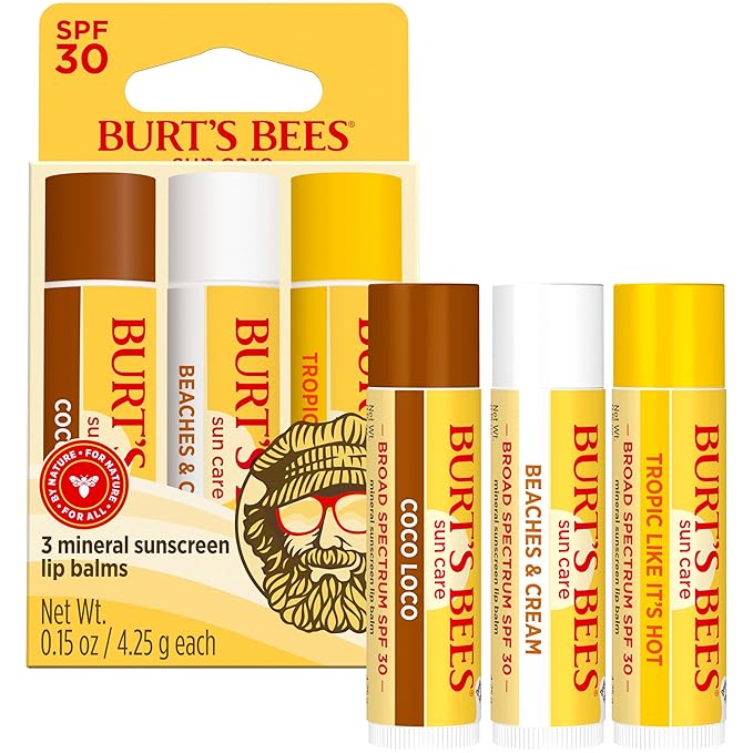 Burt’s Bees SPF 30 Lip Balm Mothers Day Gifts for Mom, Island Getaway - Coco Loco, Beaches & Cream, Tropic Like It's Hot, Water-Resistant Sun Care, Natural Origin Lip Treatment, 3 Tubes, 0.15 oz
