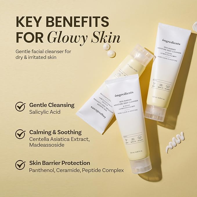 ONGREDIENTS Skin Barrier Moisture Deep Cleanser | Daily Face Wash for All Types | Centella, Peptide, AHA, LHA, Hydrating, Soothing, Pore Tightening | Vegan, Korean Skin Care 4.06 fl Oz