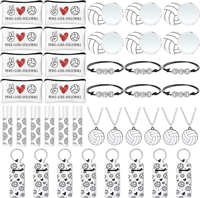 72 Pcs Sports Team Gifts Include 12 Makeup Bags 12 Lip Balm 12 Lip Balm Holder 12 Necklace 12 Adjustable Bracelet 12 Mirrors for Sports Lovers Players Party Favors (White, Volleyball)