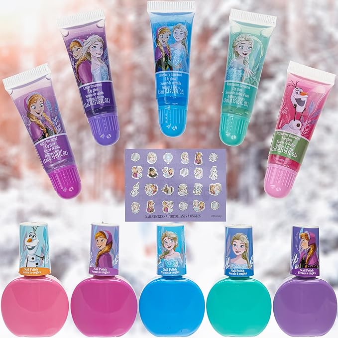 Disney Frozen 2 - Townley Girl Super Sparkly Cosmetic Makeup Set for Girls with Lip Gloss Nail Polish Nail Stickers - 11 Pcs|Perfect for Parties Sleepovers Makeovers| Birthday Gift for Girls 3 Yrs+