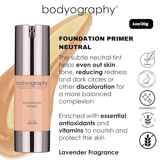 BODYOGRAPHY - Foundation Primer (Neutral): Flawless Anti-Aging Salon Makeup Primer w/Vitamin E, A, Jojoba, Grapeseed Oil | Control Shine | Gluten-Free, Cruelty-Free, 1 oz.