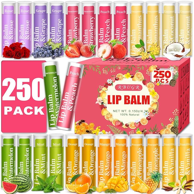 250 Pcs Lip Balm Bulk,12 Fruit Flavored Natural Bulk Lip Balm, Lip Balms Pack with Vitamin E, Lip Balm Gift Set Women Stocking Stuffers Party Favors, Moisturizing&Soothing(4.2g/0.15oz)
