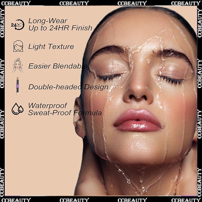 CCbeauty 2pcs 2-IN-1 Shimmer Contour Highlighter Stick with Blush,Cream Dual-End Highlight Bronzer Concealer & Blusher for Cheeks & Lip, Long Lasting Contouring for Face Shaping Makeup, Light-Medium