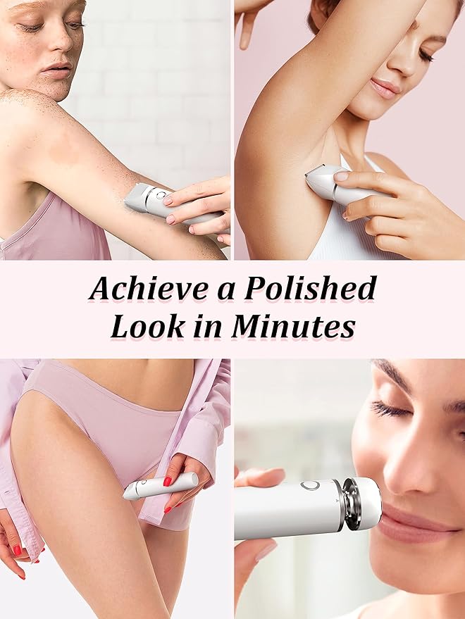 Bikini Trimmer and Shaver Kit for Women - 2-in-1 Wet/Dry Electric Body Hair Trimmer Facial Hair Removal Cordless Waterproof Bikini Shaver Razor for Face Lip Chin Pubic Underarm Legs (White)