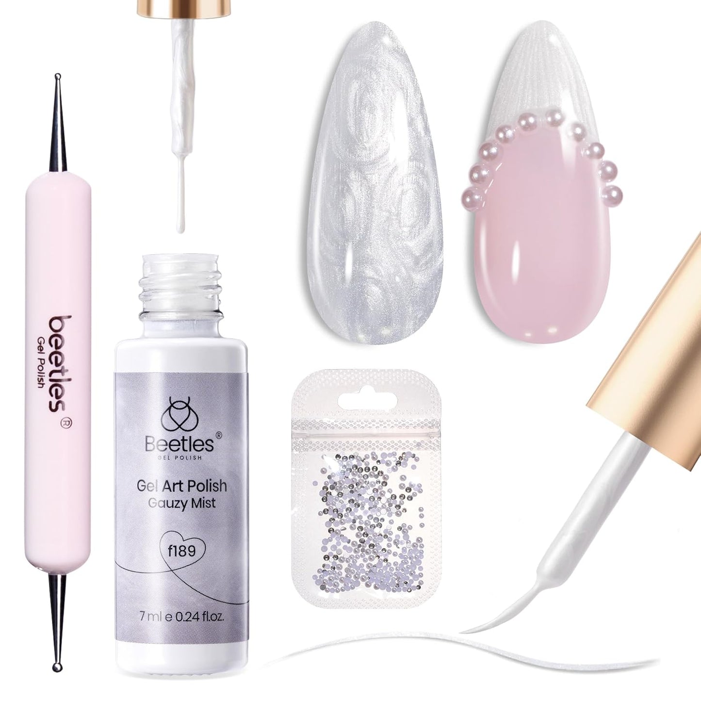 Beetles White Liner Gel Polish, 7ml Pearl White Gel Liner Nail Art Pearlescent Silver Shell Glitter Swirl Effect Pearl Nail Polish Soak Off UV LED Nail Art Design Gifts for Women