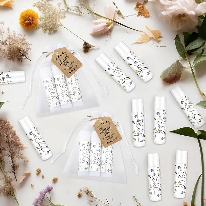 Demissle 50 Pcs Baby Shower Lip Balm Gift Set with 100 Pcs Organza Bags Baby Shower Party Favor for Guest Thank You Tag Rope Baby Shower Party Decoration Gender Reveal Souvenirs(Purple Flower)