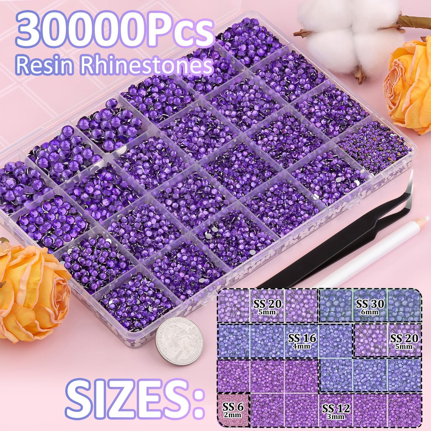 30000Pcs Dark Purple Rhinestones for Bedazzling with B7000 Jewelry Glue, Bedazzler Kit Flatback Gems, Resin Rhinestones for Crafting Crafts Clothing Shoes Fabric Nail Art Assorted Size 2/3/4/5/6mm