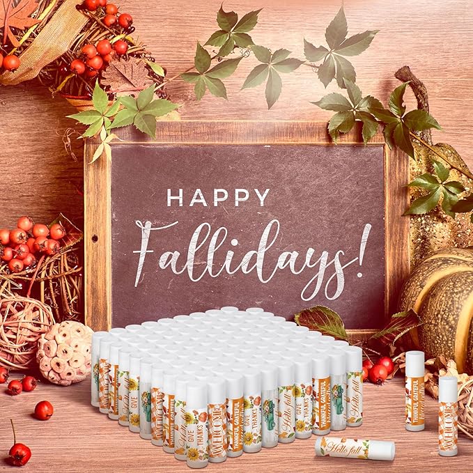 Dunzy 100 Pack Hello Fall Thanksgiving Party Gifts Bulk Lip Balms Favors Employee Appreciation Gifts Thank You Gifts Team Inspirational Gifts for Women Men Coworkers Satff Teachers(Thanksgiving)
