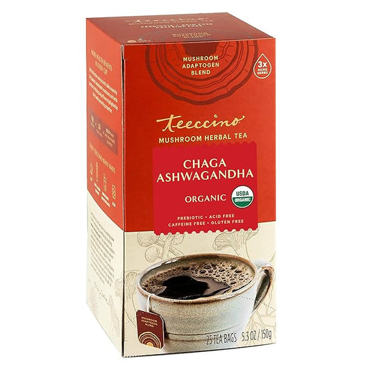 Teeccino Chaga Ashwagandha Tea - Butterscotch Cream - 25 Tea Bags - Organic Mushroom Adaptogenic Herbal Tea, 3x More Herbs than Regular Tea Bags, Prebiotic, Caffeine Free, Gluten Free
