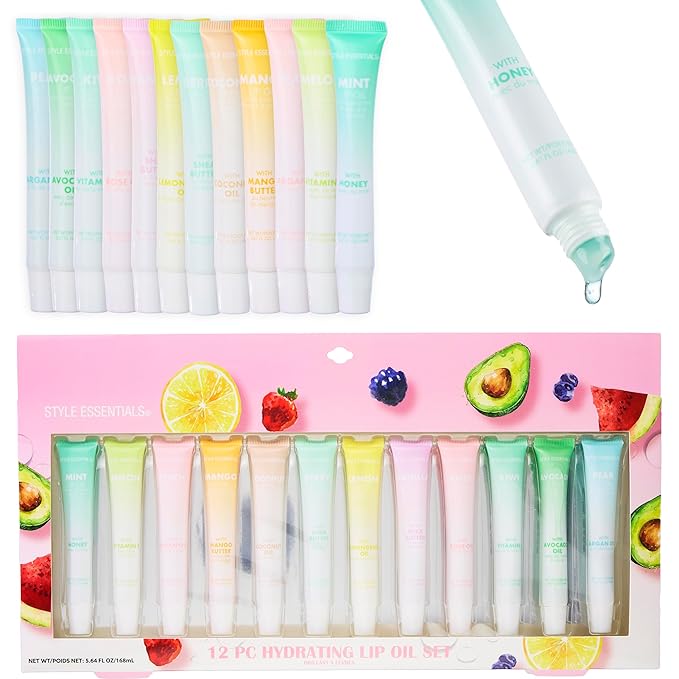 Expressions 12pc Lip Oil Set - Flavored Lip Oils Value Pack, Hydrating Lip Oils w/Squeeze Tube Application, Moisturizing Lip Oil Collection for Everyday Lip Care and Lip Repair (FRUITS)