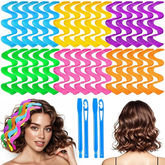 30 Pcs Heatless Hair Curlers Wave Curls Styling Kit with 2 Pcs Styling Hooks, No Heat Hair Curlers Heatless Wave Curlers for Women Girls Short Hair (6 Colors, 25 cm/9.84 inch)