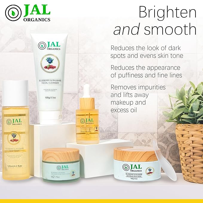 5 in 1 Blueberry & Rhubarb Korean Skin Care Set, Face Moisturizer, Glycolic Clay Face Mask, Serum, Cleanser & Toner for All Skin Types, Anti Aging Skin Care Sets & Kits, Facial Routine Kit for Women