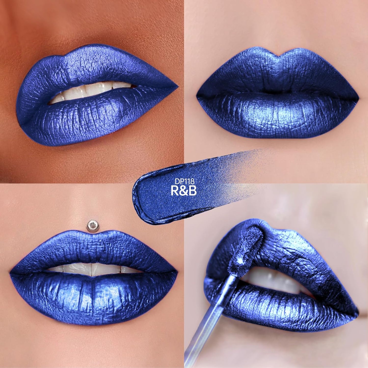 Blue Lipsticks for Women Metallic Lipstick Long Lasting Non Stick Cup Lip Gloss, Shimmer Lightweight Hydrating Full Coverage Lip Color, DP118 R&B