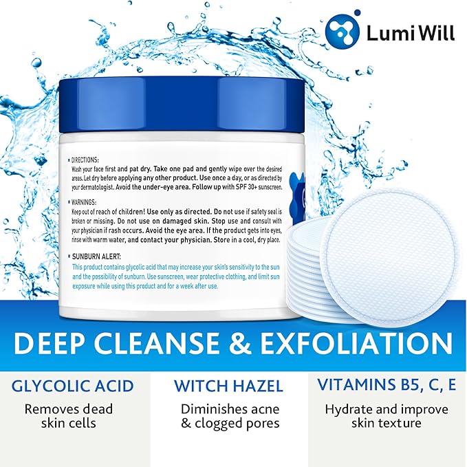 Glycolic Acid Pads - Exfoliating Pads with Glycolic Acid, Vitamins B5, C, E & Menthol - Peel Pads for Acne - Anti-Aging Glycolic Acid Resurfacing Pads for Fine Lines and Wrinkles - 50 Pads