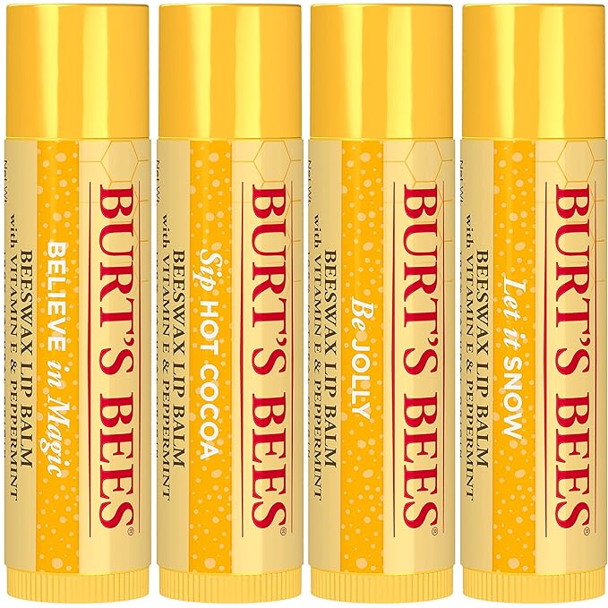 Burt's Bees Christmas Gifts, 4 Lip Balm Stocking Stuffers Products, Jingle Balms Set - Classic Beeswax Moisturizing Lip Balm