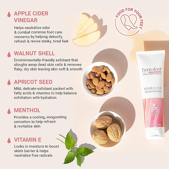 Benefeet Scrub-A-Dub Cooling Foot Scrub - Exfoliates + Refreshes Dry + Dull Skin, Get Smoother Skin from Heel to Toe, Made w/Vitamin E, Apple Cider Vinegar, Walnut Shell + Apricot Seed, 4 oz (1 Pack)