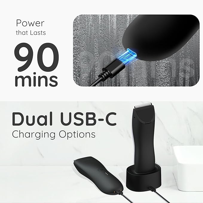 Body Hair & Pubic Hair Trimmer for Men | Waterproof, USB-C Rechargeable, LED Light, Replaceable Ceramic Blade, Electric Ball Shavers, Manscape Kit, Mens Personal Groomer (Raven Black)