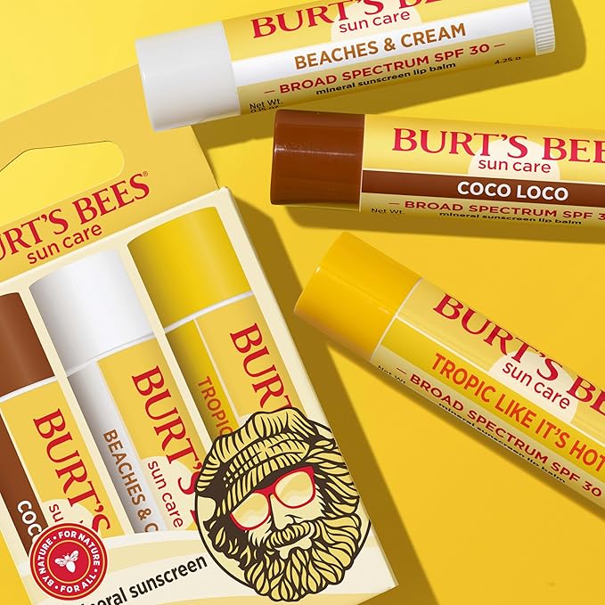 Burt’s Bees SPF 30 Lip Balm Mothers Day Gifts for Mom, Island Getaway - Coco Loco, Beaches & Cream, Tropic Like It's Hot, Water-Resistant Sun Care, Natural Origin Lip Treatment, 3 Tubes, 0.15 oz