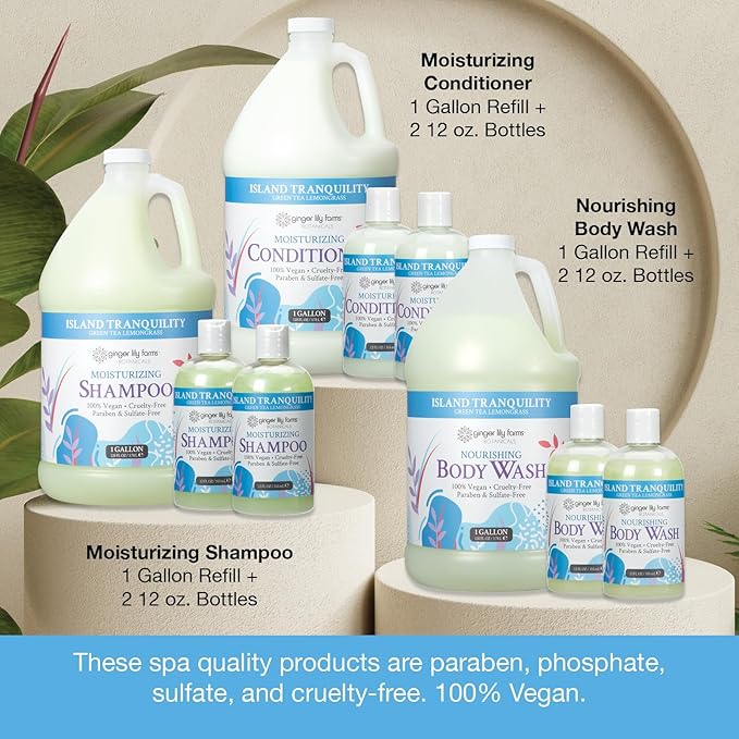 Ginger Lily Farms Botanicals Hospitality Kit, Island Tranquility, 9-Pc Set Includes Shampoo, Conditioner & Body Wash, 100% Vegan & Cruelty-Free, Green Tea Lemongrass Scent