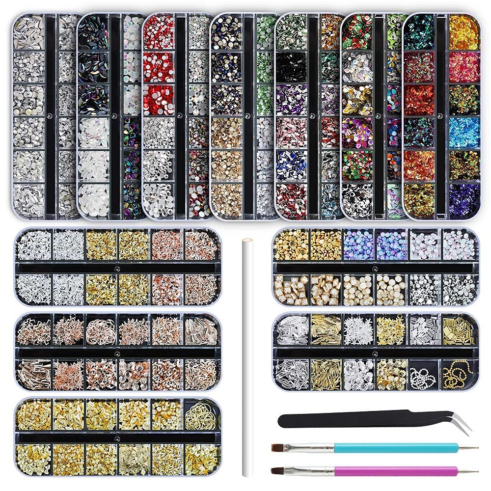 Artdone 12 boxes Nail Rhinestones,Nail Gems Nail Diamonds,Nail Art Studs Nail Crystals Nail Sequins for Nails Kit with 1 Tweezers and 3 Pen for Nail Art Supplies Accessories……