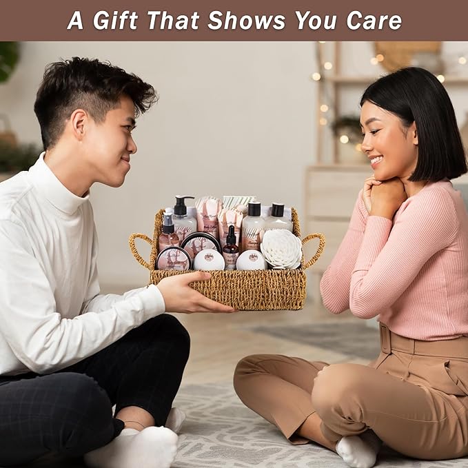 Bath Spa Gift Sets - Luxury Basket With Coconut & Vanilla - Spa Kit Includes Wash, Bubble Bath, Lotion, Bath Salts, Body Scrub, Shower Puff, Bathbombs, Soap in Wooden Basket
