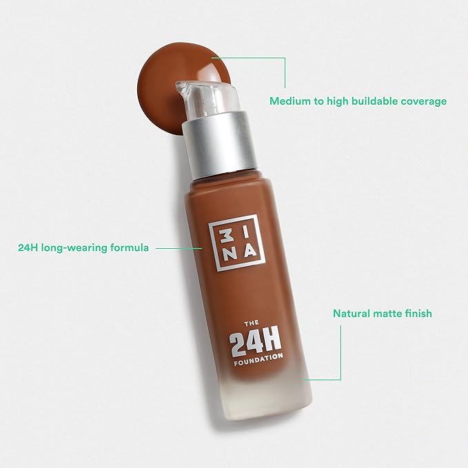 3INA The 24H Foundation 657-24H Long-Wearing Formula - Medium To High Buildable Coverage - Smooth Matte Finish - Expanded Shade Selection - Waterproof, Cruelty Free, Vegan Makeup - 1.01 Oz