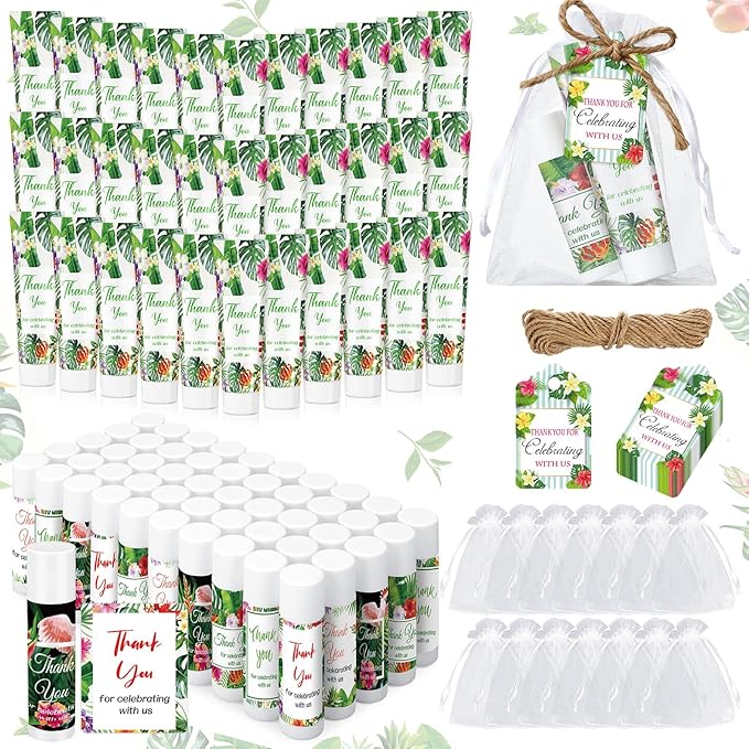 200 Pcs Baby Shower Wedding Party Favors Gift Set, 50 Pcs Baby Shower Hand Cream and 50 Lip Balm for Wedding Bridesmaid Guests Gift Supplies with 50 Organza Bag 50 Thank You Tag(Tropical)