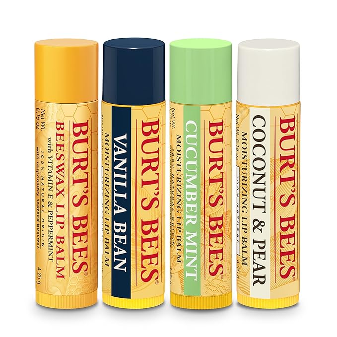 Burt’s Bees Holiday Gift, 4 Lip Balm Stocking Stuffer Products, Beeswax Bounty Assorted Set - Original Beeswax, Vanilla Bean, Cucumber Mint & Coconut Pear (Old Verison)