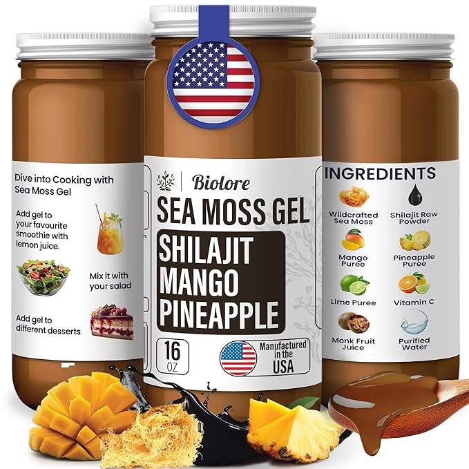 Biolore Sea Moss Gel - Shilajit 16oz, Wildcrafted Irish Seamoss with Essential Vitamins & Trace Minerals, Vegan Superfood Made in USA