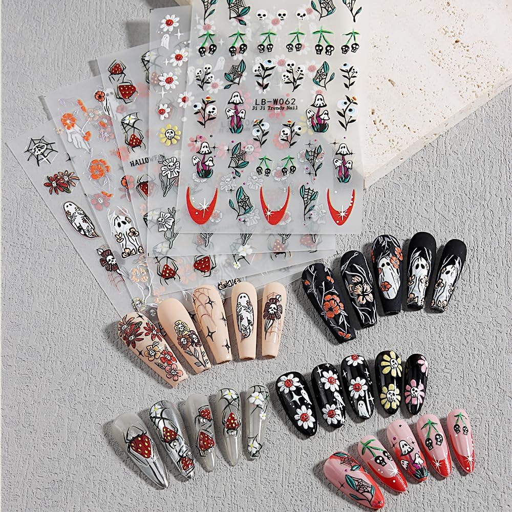 5 Sheets Halloween Nail Art Stickers Horror Ghost Self-Adhesive Embossed Flower Skull Nail Decals - with Cute Sunflower Strawberry Spider Ghost Designs for Women Girls DIY Nail Decoration