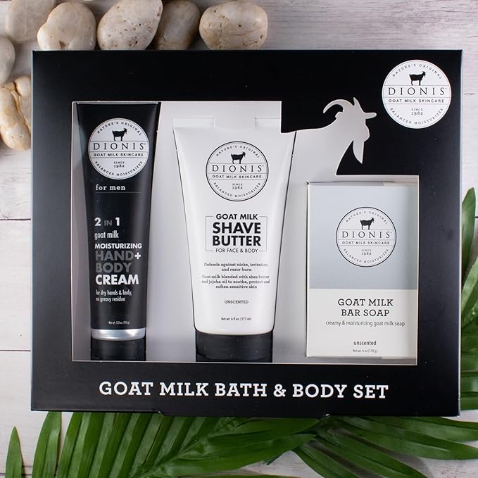 Dionis Goat Milk Skincare Men's Unscented Bath & Body 3pc Gift Set - Blended Shea Butter & Jojoba Oil Shave Butter For Sensitive Skin, Unscented Hydrating Moisturizer & Nourishing Bar Soap For Men