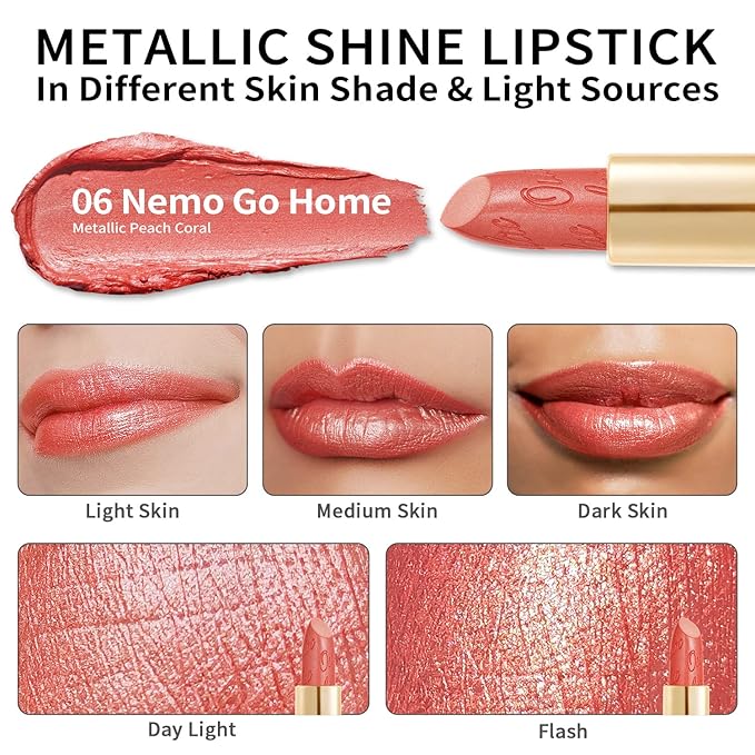 Oulac Coral Pink Lipstick for Women with Metallic 3D Shine Lightweight Hydrating Formula, High Impact Lip Color, Vegan Beauty, Full Coverage Lip Makeup, Christmas Gifts for Women, Nemo Go Home(06)
