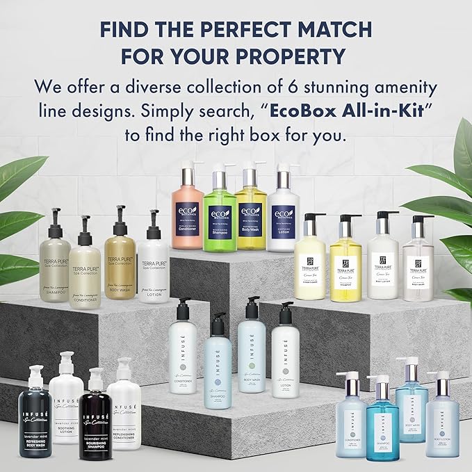 1-Shoppe Eco Botanics 20 Piece Ecobox All-In-Kit | White Tea and Honey Soap | 6 Shampoo, 4 Conditioner, 6 Body Wash & 4 Lotion | 10.14oz Hotel Soaps and Toiletries Bulk | Personal Care Products