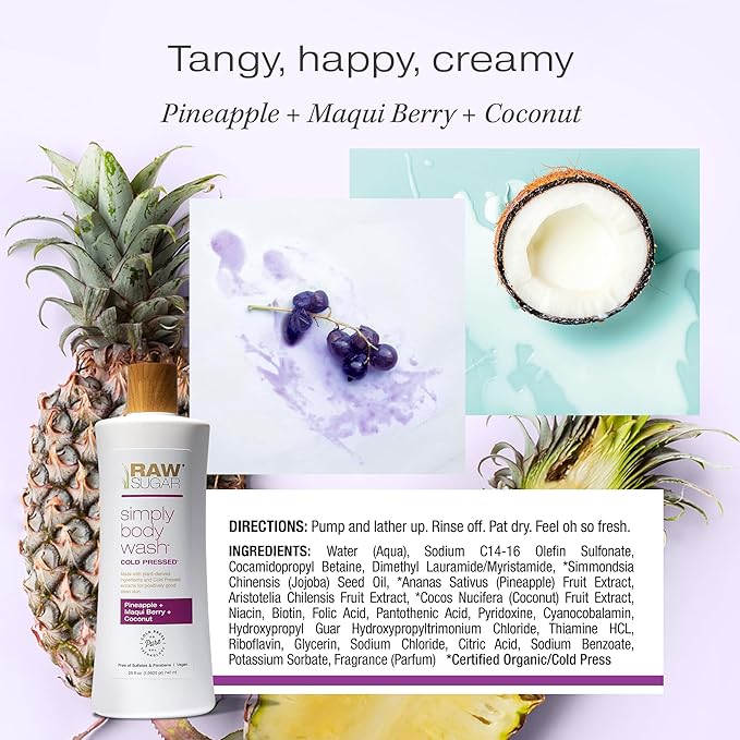 RAW SUGAR Simply Body Wash, (25 Fl Oz, Pack of 1) Bath Soap, Formulated without Sulfates & Parabens (Pineapple + Maqui Berry + Coconut)