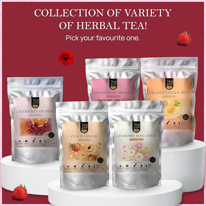 Tealeaf & Co. Strawberry Hibiscus Tea Bags Blended with Fresh Herbs and Spices - Herbal Tea Bags with Organic Spices, Berries & Dried Hibiscus Flower Extract - Low Caffeine - Gluten Free - 50 Teabags