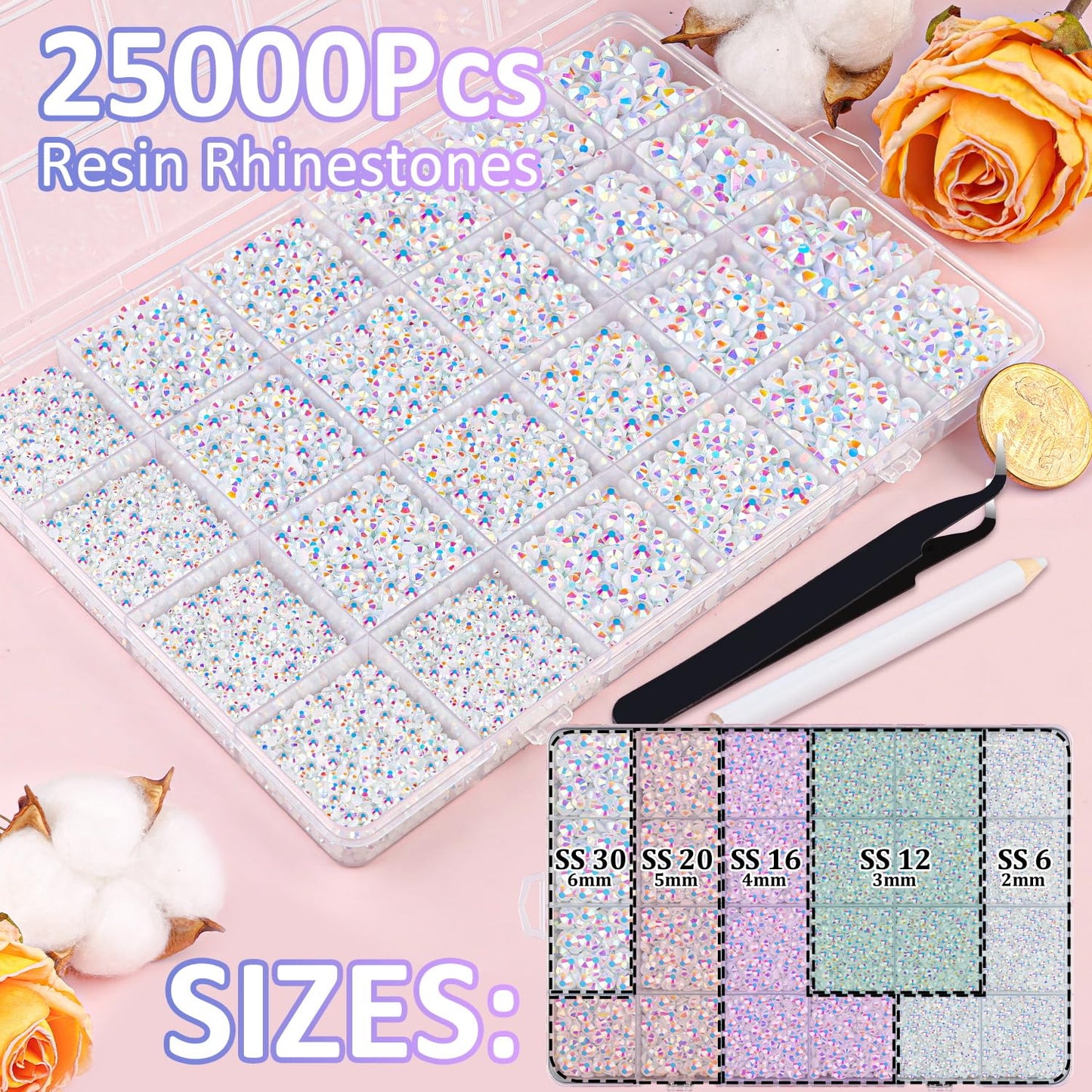 25000Pcs Resin Jelly Rhinestones with Tweezers for Crafting, White AB Flatback Gems, Bedazzling Crystal with 3Pcs 10ml B7000 Jewelry Glue for DIY Crafts Clothing Tumblers Shoes Fabric Nail Art