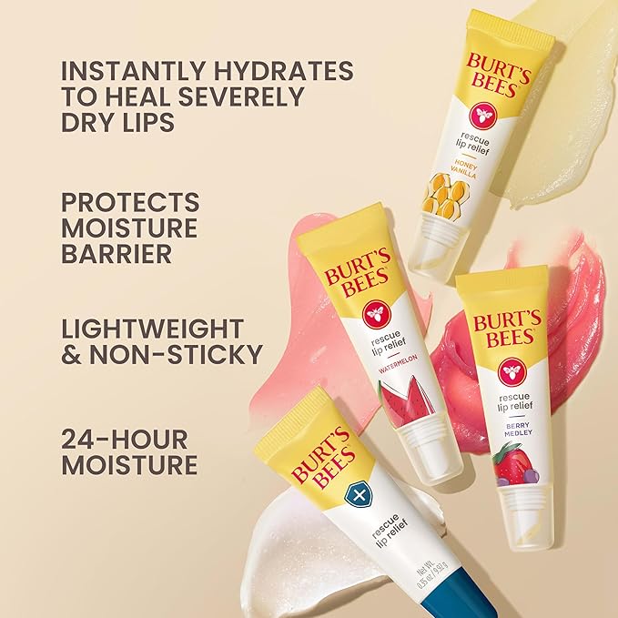 Burt's Bees Rescue Lip Relief, Watermelon, Hydrating Lip Balm for Dry Cracked Lips, with Responsbily Sourced Beeswax and Shea Butter, 100% Natural Origin, 1 Squeezy Tube, 0.35oz