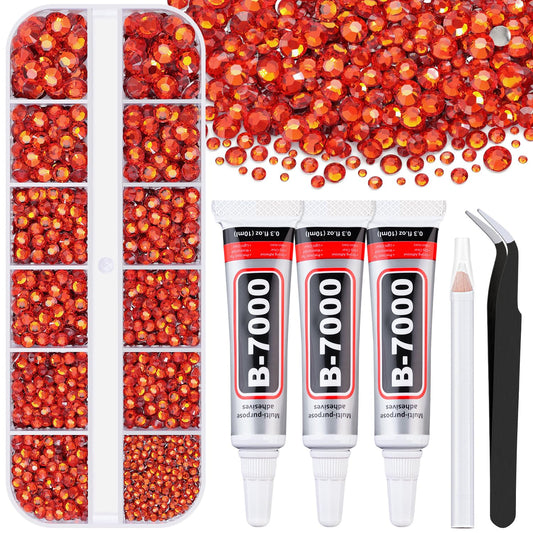6000Pcs Resin Rhinestones for Bedazzling with 3Pcs B7000 Jewelry Glue, 1 Box Red Zircon Flatback Rhinestones for Crafting Crafts DIY, Crystals Gems for Clothing Shoes Tumblers Nail Art Makeup