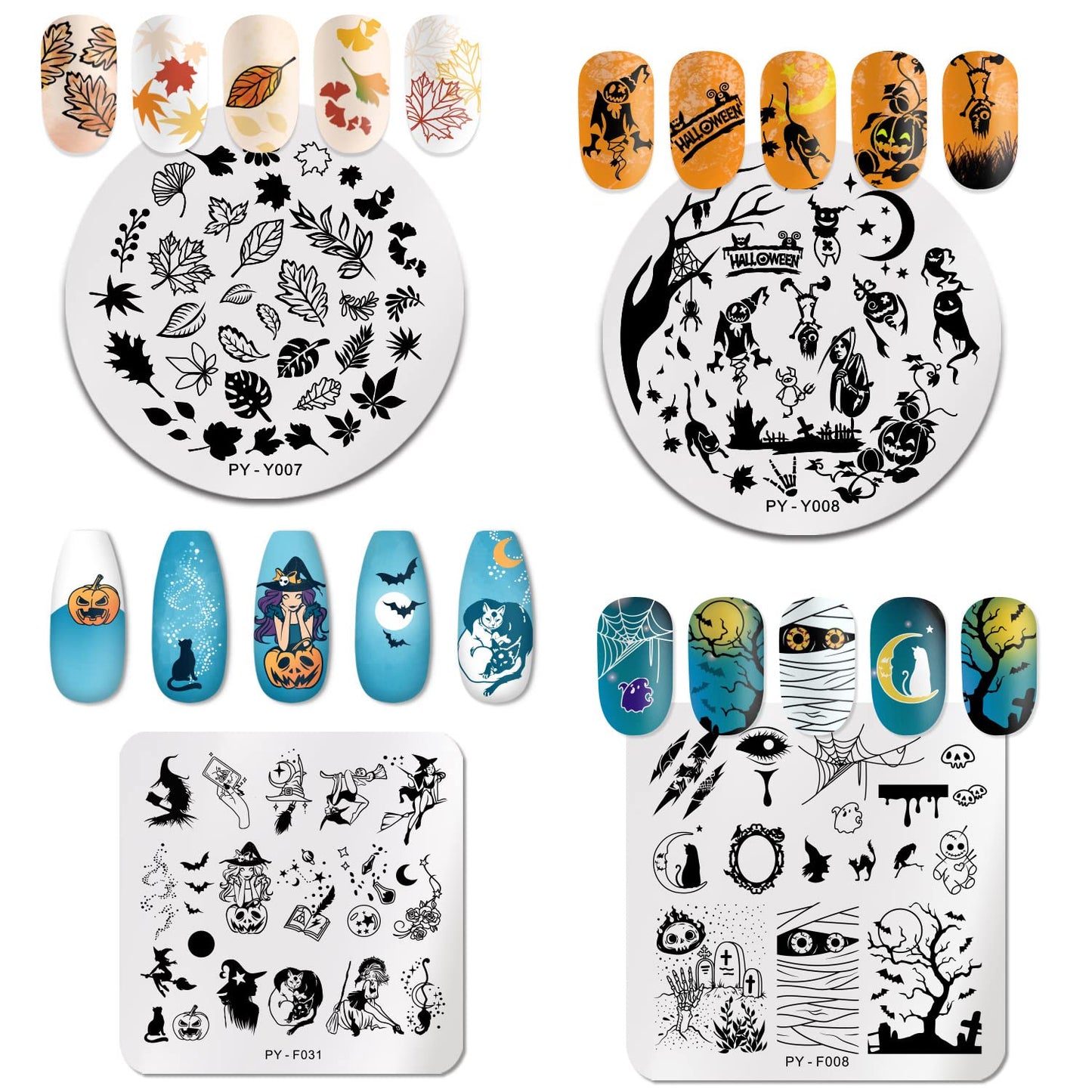 6Pcs Halloween Nail Stamping Plates Fall Maple Leaf Nail Stamper Template Kit Ghost Bat Skull Spider Web Design Nail Decorations Supplies