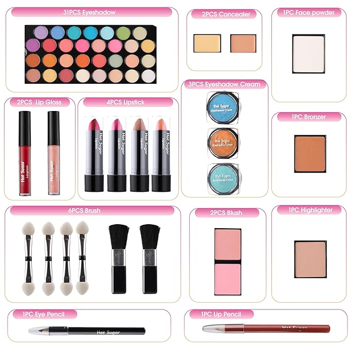 Hot Sugar Girls Makeup Kit for Birthday Gift, All in One Beginner Makeup Kit for Women Full Kit, Christmas Makeup Set for Teens 10 12 13 16 Includes Real Cosmetics and Makeup Tools (PINK)