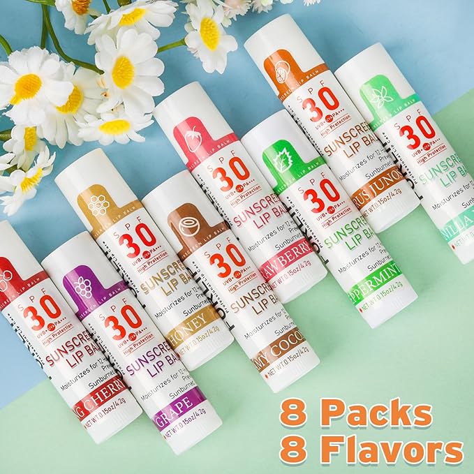 SPF 30 Lip Balm with Sunscreen 8 Pack, Bulk Sunscreen Lip Balm Travel Size, Hydrating Lip Balm with Vitamin E and Coconut Oil- 8 Flavors