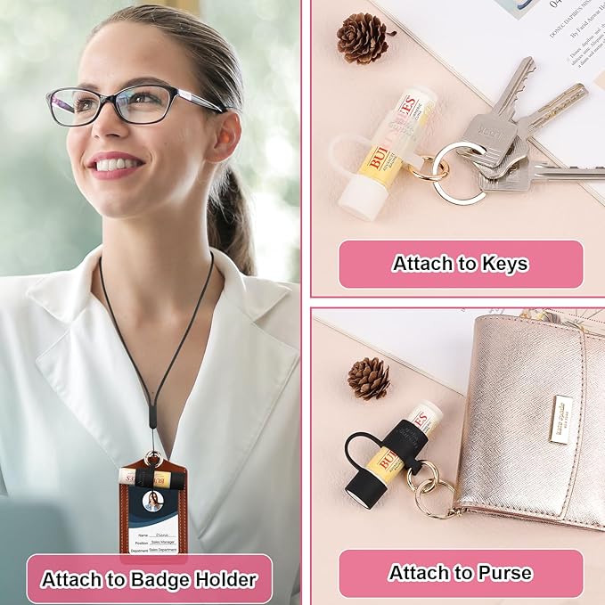 Desing Wish Silicone Lip Balm Holder with Cap Cover Portable Chapstick Holder Keychain Sleeve Lip Balm Key Chain with Key Ring and Neck Strap Lanyard - Black