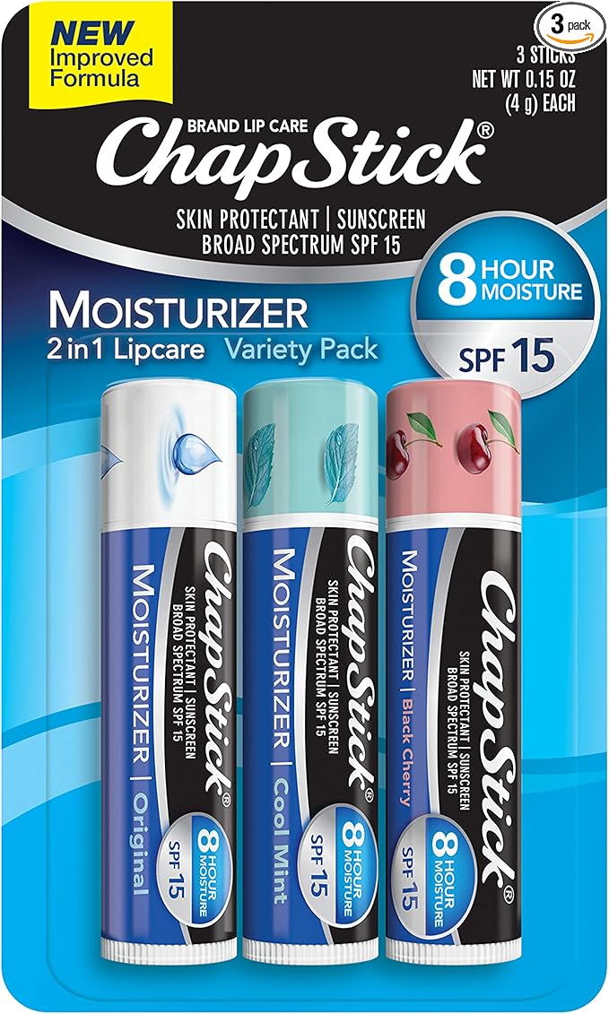 ChapStick Moisturizer Original, Black Cherry and Cool Mint Lip Balm Tubes Variety Pack, SPF 15 and Skin Protectant - 0.15 Oz (Pack of 3)