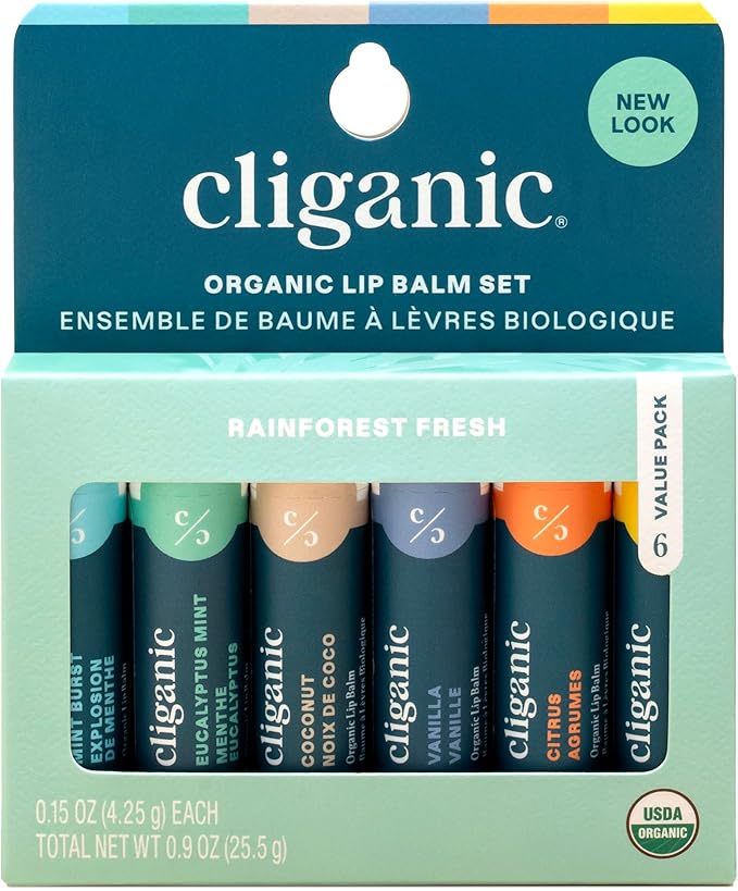 Cliganic USDA Organic Lip Balm Set - 6 Flavors - 100% Natural Moisturizer for Cracked & Dry Lips (Packaging May Vary)