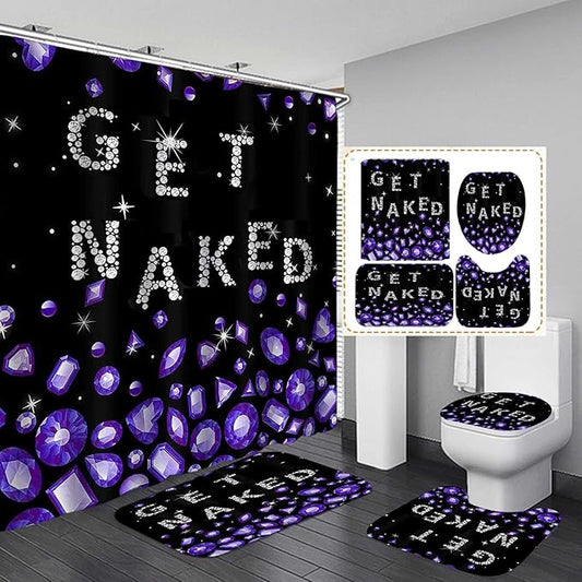 4PCS Luxury Purple Diamond Shower Curtain Set, Bling Rhinestone Gem Crystal Jewelry Teenage Girls Women Bathroom Decor, Waterproof Fabric Black Shower Curtain, Non-Slip Bath Mat Bathroom Rugs