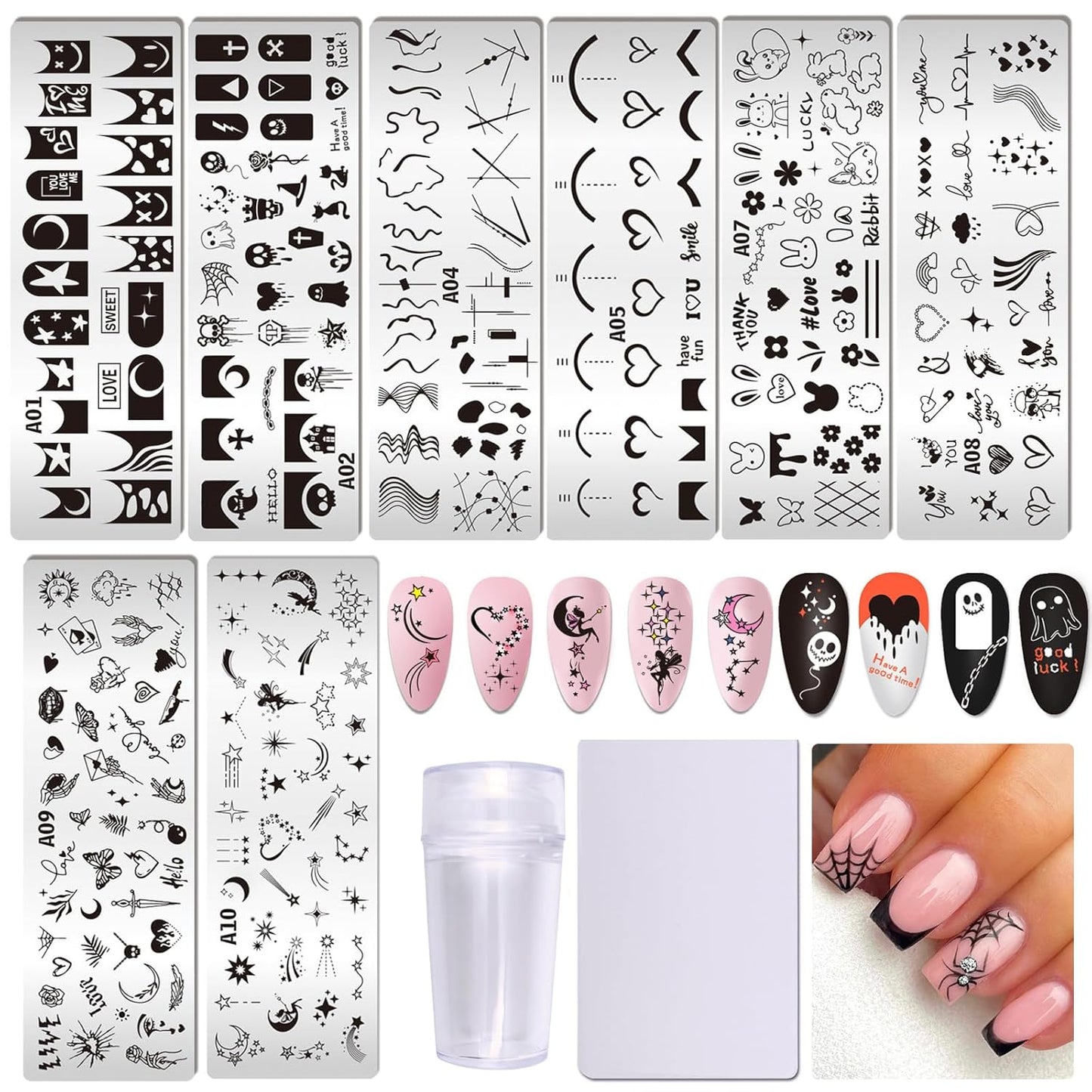 AddFavor Nail Stamper Kit 8pcs Nail Stamping Plates French Geometric Heart Star Image Nail Stencils with Silicone Stamp and Scraper for Women Girls Summer Nail Art Design Supplies Tools