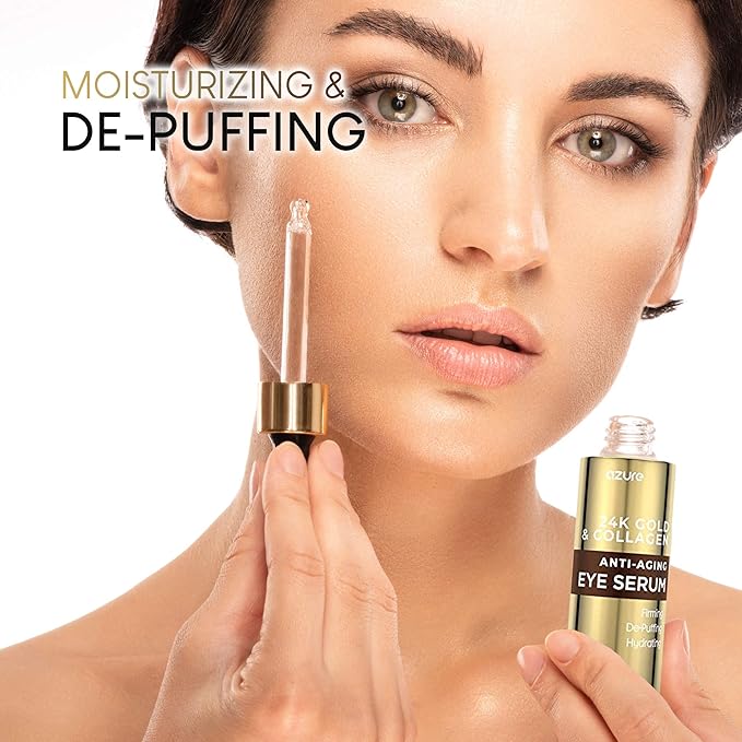 AZURE 24K Gold & Collagen Anti Aging Eye Serum - Firming, De-Puffing & Hydrating | Reduces Wrinkles, Fine Lines & Under Eye Bags | Minimize Signs of Aging | Made in Korea - 60mL